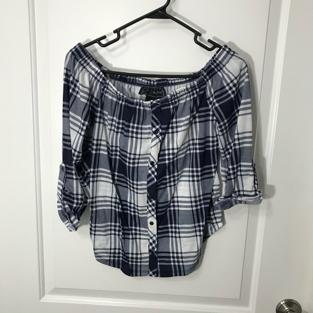 Polly & Esther Navy & White Plaid Off-Shoulder Top Size Med